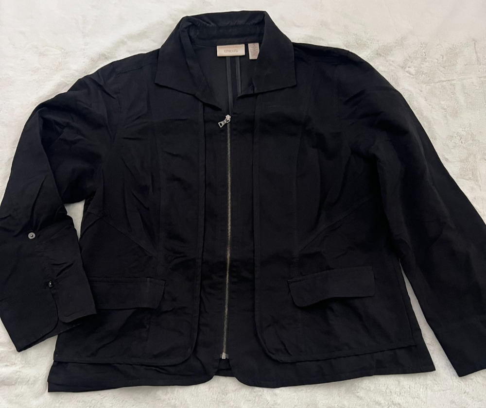 Chicos Womens Size 3 Black Zip Front Utility Jacket Roll Tab Long Sleeve XL